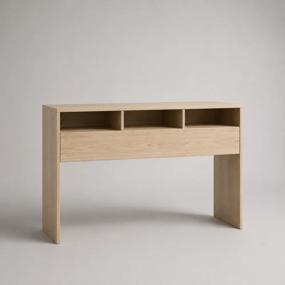 Consolle ingresso rettangolare in MDF effetto rovere chiaro con cassetto e vani aperti 140 x 35 x 80 cm