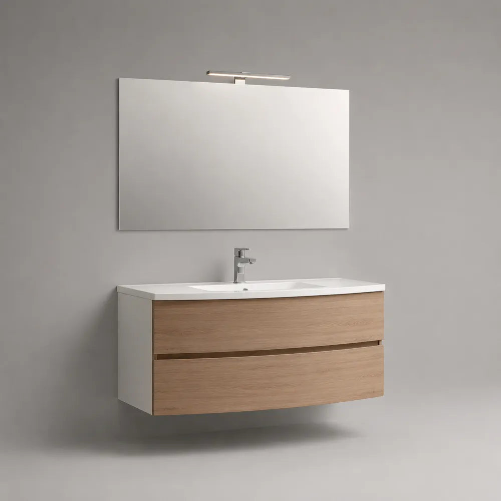 Mobile bagno sospeso 120x50x45 cm rovere chiaro e bianco con lavabo e specchio LED in MDF