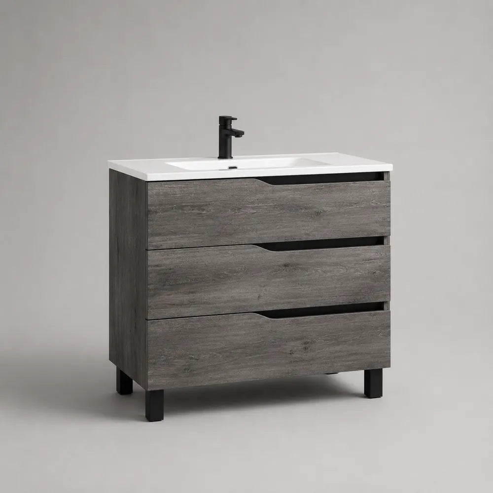 Mobile sottolavabo bagno con 3 cassetti in MDF effetto legno grigio con lavabo in ceramica bianca 80x45x85 cm