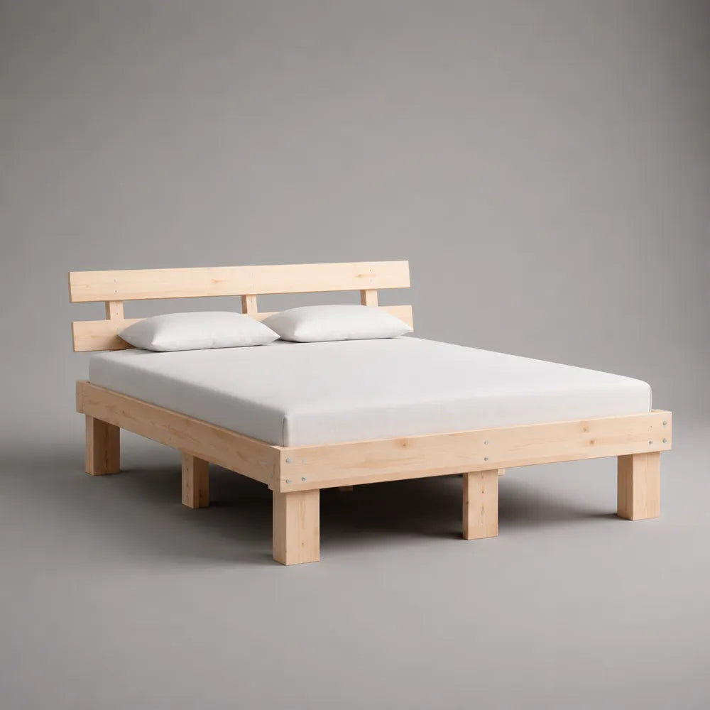 Letto matrimoniale in legno di pino naturale con testiera a doghe e struttura rettangolare 160 x 200 cm