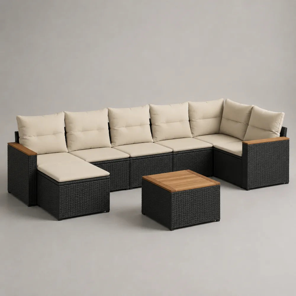 Set divano da giardino angolare modulare in rattan sintetico nero con cuscini beige e tavolino effetto legno 380x260x75 cm