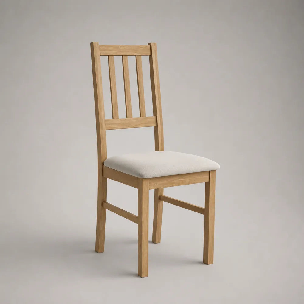 Sedia da pranzo imbottita in tessuto poliestere crema con struttura in legno naturale schienale alto a listelli 50 x 58 x 90 cm