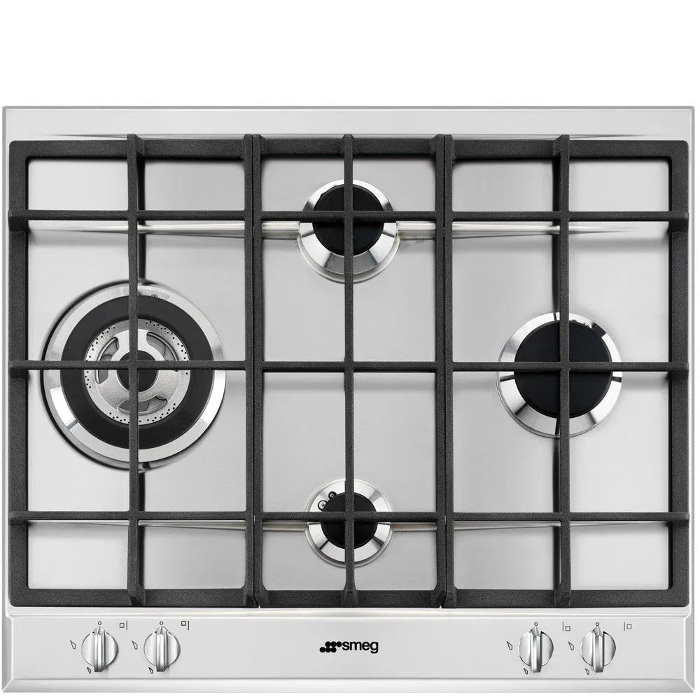 Smeg piano cottura a gas, P261XGH 4 zone di cottura per installazione a incasso 60 cm acciaio inossidabile con wok
