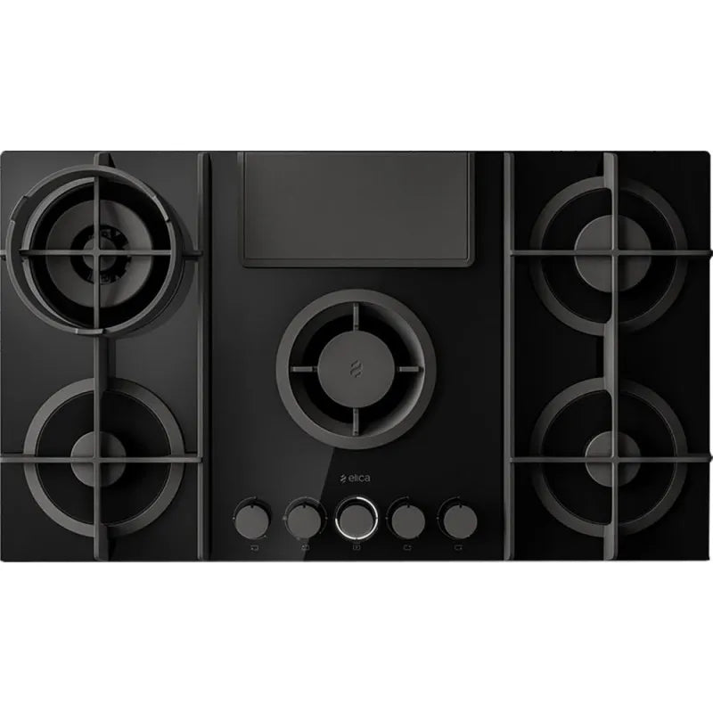 Elica modello PRF0147741A, Piano a Gas Vetro finitura nera Cappa Integrata 88cm Versione FILTRANTE, Nikolatesla Flame BL