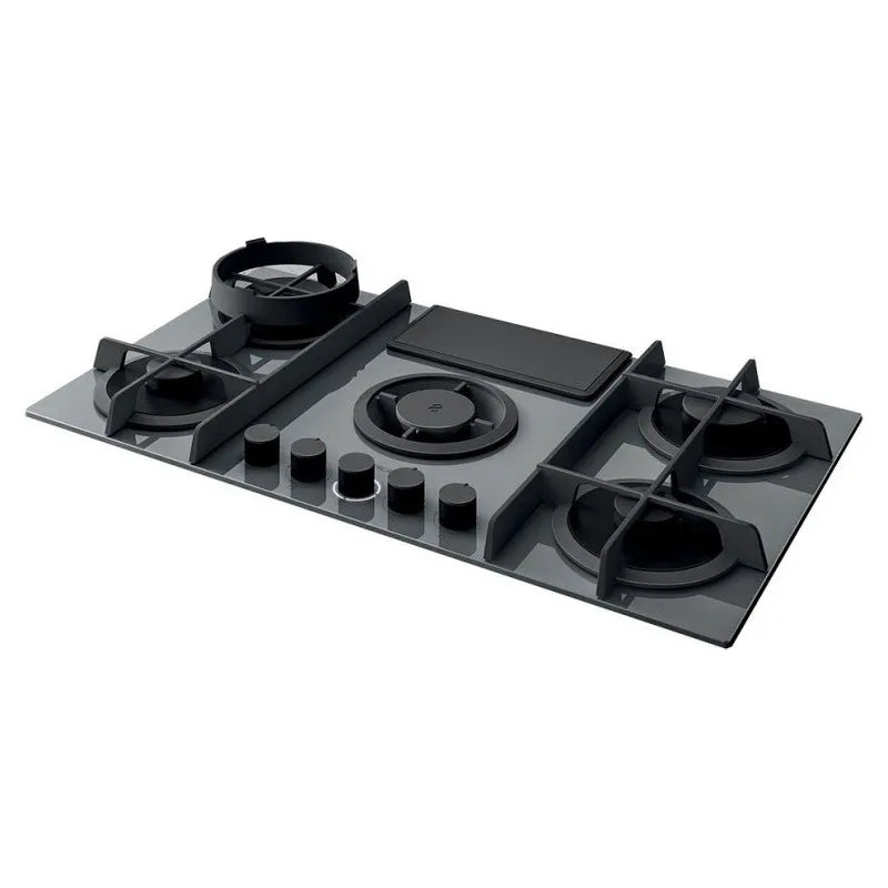 Elica modello PRF0147742A, Piano a Gas Vetro finitura grigia Cappa Integrata 88cm Versione Aspirante, Nikolatesla Flame GR