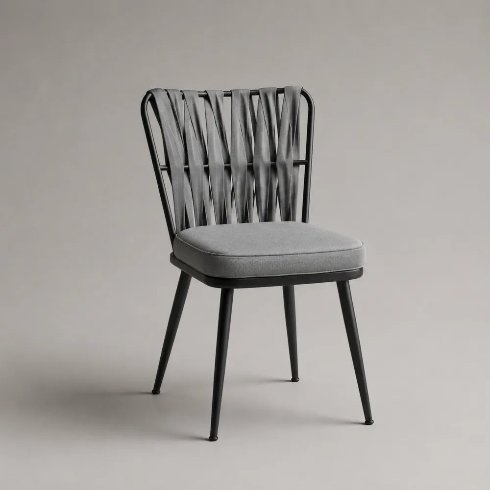 Sedia da pranzo imbottita in tessuto poliestere grigio con schienale intrecciato e gambe in acciaio nero 52 x 58 x 82 cm