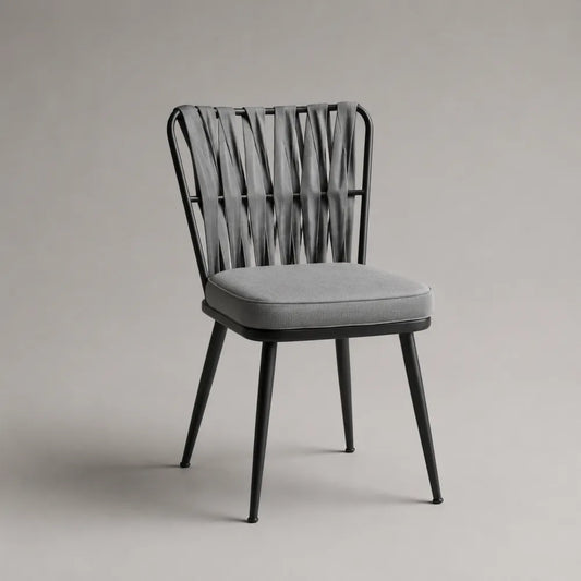 Sedia da pranzo imbottita in tessuto poliestere grigio con schienale intrecciato e gambe in acciaio nero 52 x 58 x 82 cm