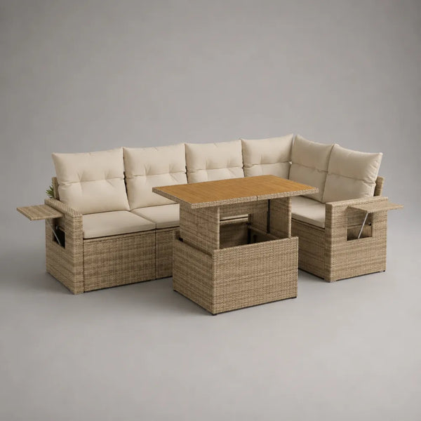 Set divano da giardino angolare con tavolo contenitore in rattan sintetico beige e cuscini in poliestere 250x250x75 cm