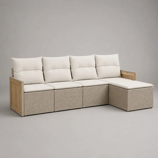 Divano da giardino angolare modulare 5 posti in rattan sintetico PE beige con cuscini bianchi 320 x 240 x 78 cm