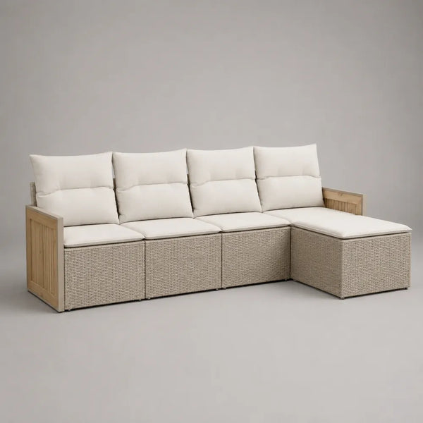 Divano da giardino angolare modulare 5 posti in rattan sintetico PE beige con cuscini bianchi 320 x 240 x 78 cm