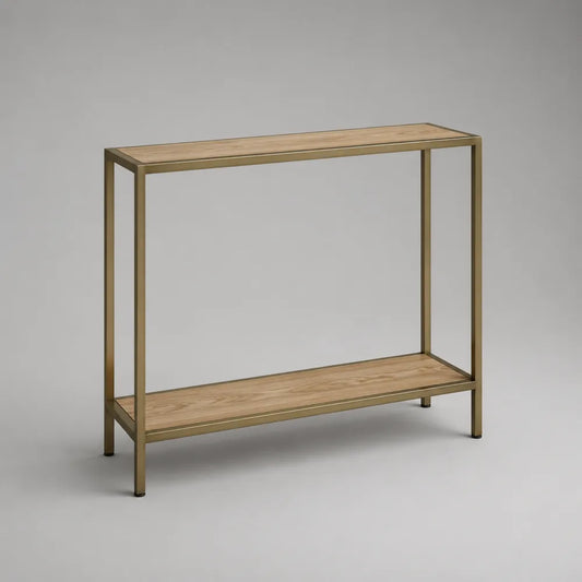 Consolle da ingresso rettangolare in MDF effetto rovere chiaro e acciaio dorato 120x35x80 cm