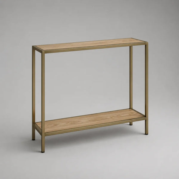 Consolle da ingresso rettangolare in MDF effetto rovere chiaro e acciaio dorato 120x35x80 cm