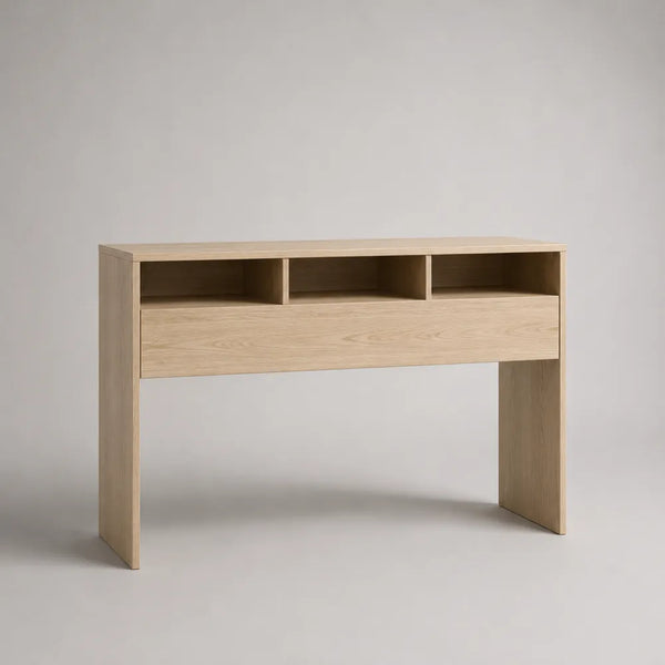 Consolle ingresso rettangolare in MDF effetto rovere chiaro con cassetto e vani aperti 140 x 35 x 80 cm