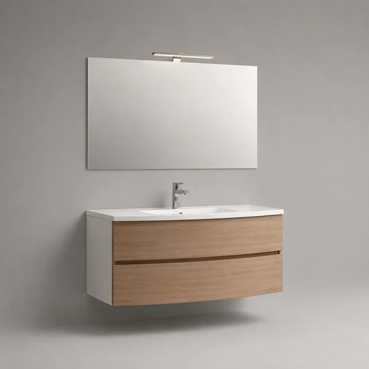 Mobile bagno sospeso 120x50x45 cm rovere chiaro e bianco con lavabo e specchio LED in MDF