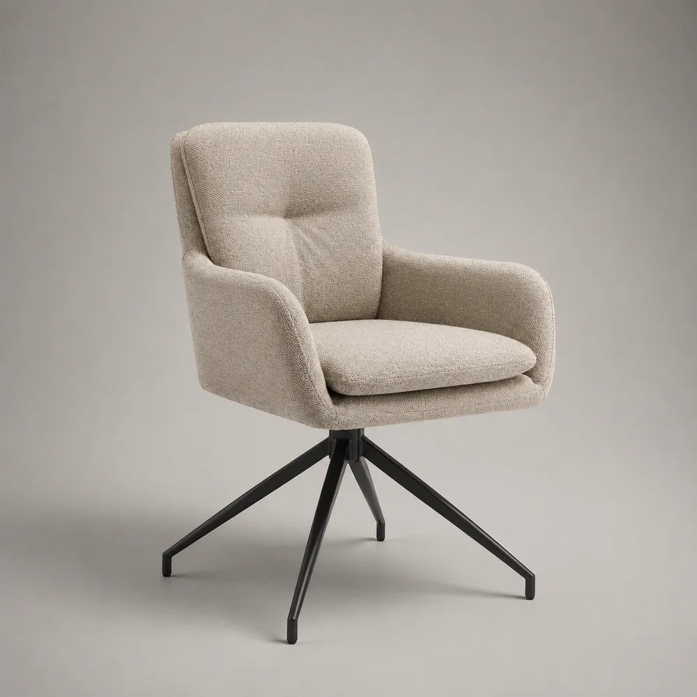 Poltrona da pranzo imbottita in tessuto beige con base girevole in acciaio nero 70 x 75 x 85 cm