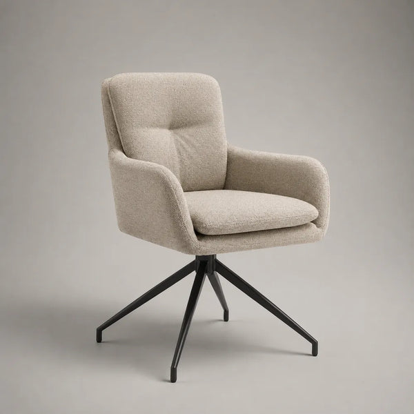 Poltrona da pranzo imbottita in tessuto beige con base girevole in acciaio nero 70 x 75 x 85 cm