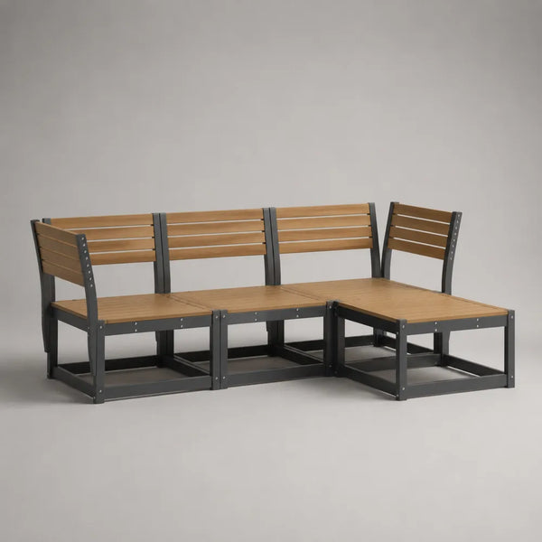 Set divano da giardino angolare modulare in legno e acciaio nero con sedute a doghe marrone 260x200x75 cm