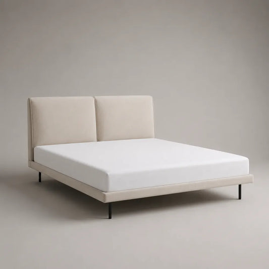 Letto matrimoniale imbottito con testiera rettangolare in tessuto beige e gambe in acciaio nero 160x200 cm
