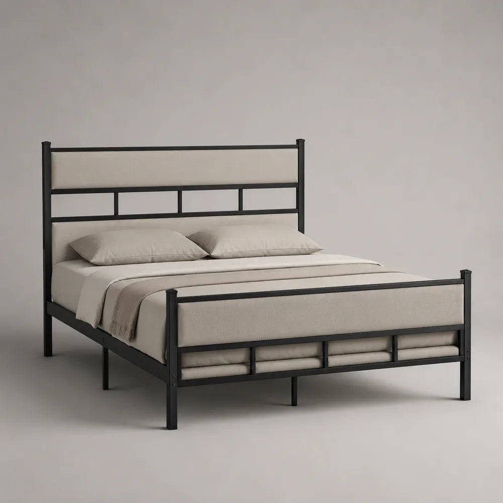 Letto matrimoniale in acciaio nero con testiera e pediera imbottite in tessuto beige 160 x 200 cm