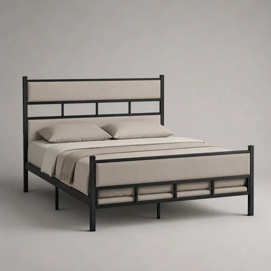 Letto matrimoniale in acciaio nero con testiera e pediera imbottite in tessuto beige 160 x 200 cm