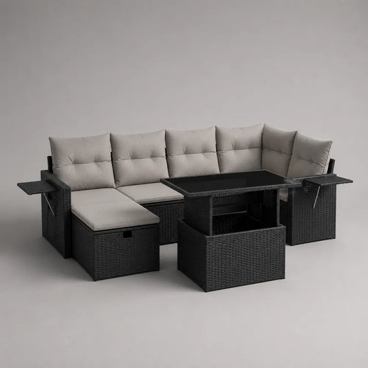 Set divano da giardino modulare 7 posti con tavolino in rattan sintetico nero e cuscini grigio chiaro