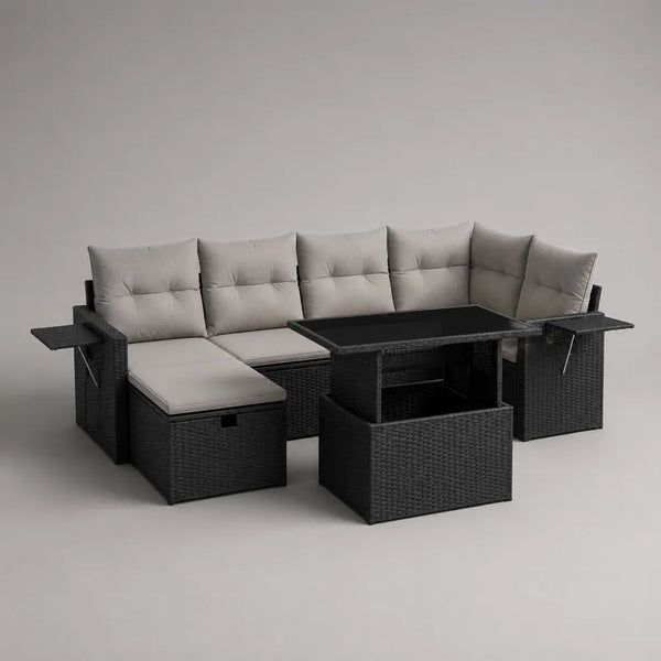 Set divano da giardino modulare 7 posti con tavolino in rattan sintetico nero e cuscini grigio chiaro