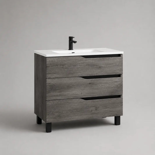 Mobile sottolavabo bagno con 3 cassetti in MDF effetto legno grigio con lavabo in ceramica bianca 80x45x85 cm