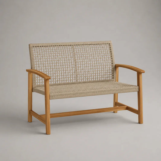 Panca da giardino 2 posti in legno e corda sintetica intrecciata beige 120 x 65 x 85 cm