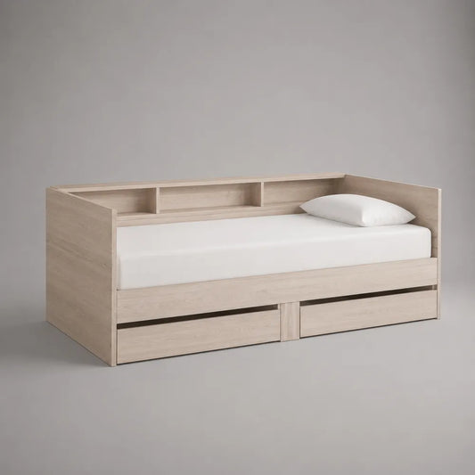 Letto singolo con cassetti contenitore e mensola testiera in pannelli effetto legno beige 90 x 200 cm