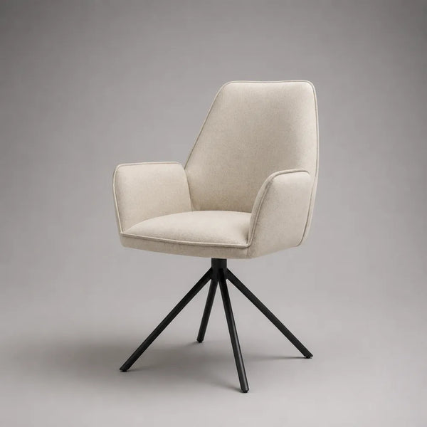 Poltrona da pranzo imbottita con braccioli in tessuto beige e base girevole in acciaio nero 70 x 75 x 85 cm