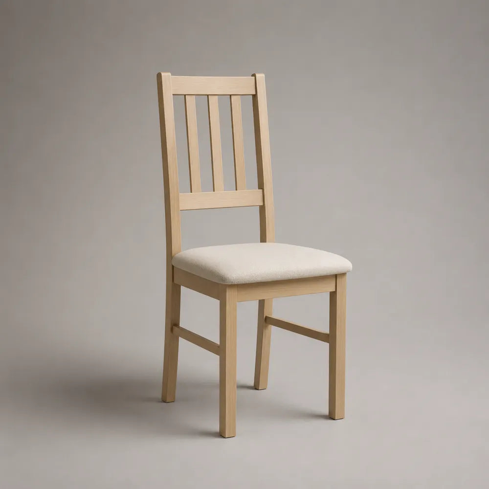 Sedia da pranzo imbottita con schienale alto in tessuto poliestere beige e struttura in legno naturale 50 x 58 x 90 cm