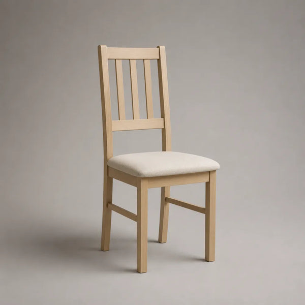 Sedia da pranzo imbottita con schienale alto in tessuto poliestere beige e struttura in legno naturale 50 x 58 x 90 cm