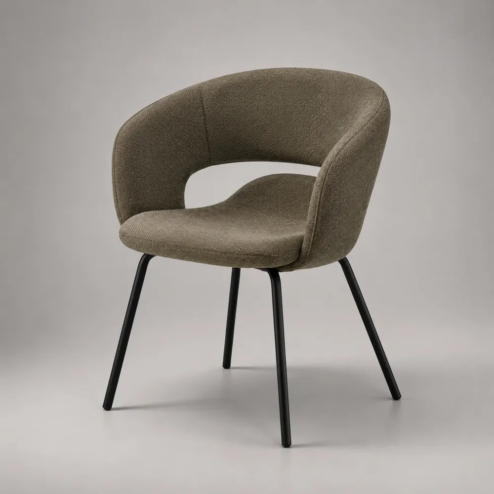 Poltroncina da pranzo imbottita in tessuto poliestere verde oliva con gambe in acciaio nero schienale curvo 62 x 60 x 78 cm