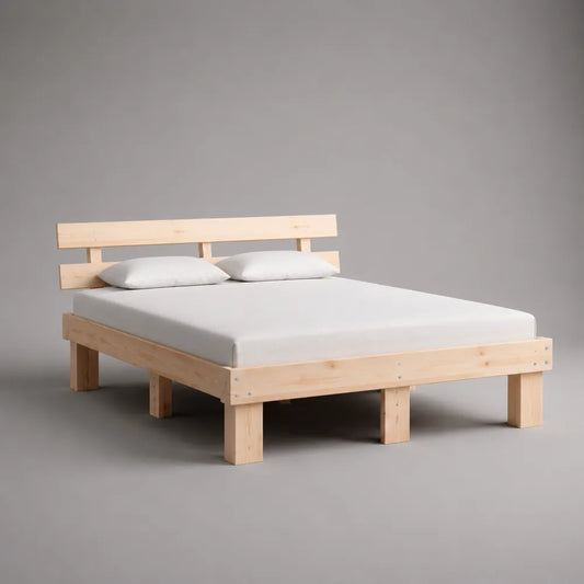 Letto matrimoniale in legno di pino naturale con testiera a doghe e struttura rettangolare 160 x 200 cm