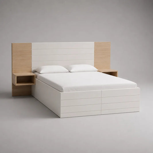 Letto matrimoniale in MDF bianco e rovere chiaro con testiera attrezzata comodini integrati e 4 cassetti 160 x 200 cm