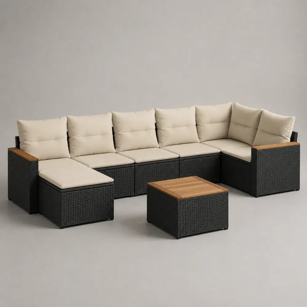 Set divano da giardino angolare modulare in rattan sintetico nero con cuscini beige e tavolino effetto legno 380x260x75 cm