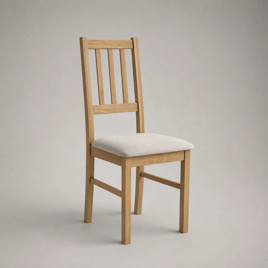 Sedia da pranzo imbottita in tessuto poliestere crema con struttura in legno naturale schienale alto a listelli 50 x 58 x 90 cm
