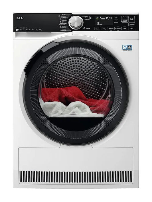 AEG asciugatrice, 9Kg Tr9t94abys finitura bianca/oblu00f2 finitura nera