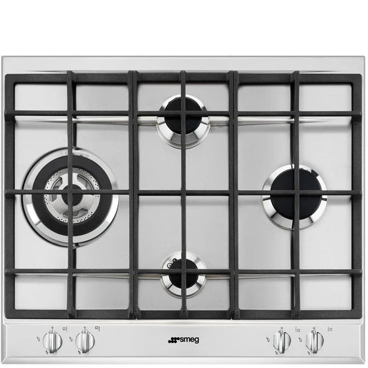 Smeg piano cottura a gas, P261XGH 4 zone di cottura per installazione a incasso 60 cm acciaio inossidabile con wok