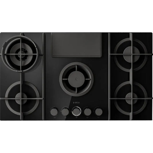 Elica modello PRF0147741A, Piano a Gas Vetro finitura nera Cappa Integrata 88cm Versione FILTRANTE, Nikolatesla Flame BL