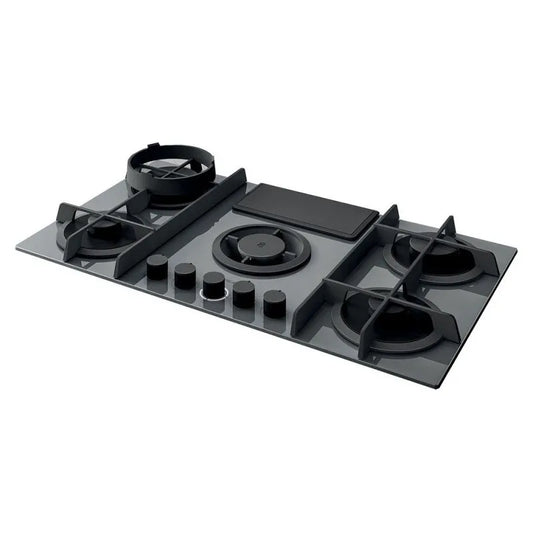 Elica modello PRF0147742A, Piano a Gas Vetro finitura grigia Cappa Integrata 88cm Versione Aspirante, Nikolatesla Flame GR